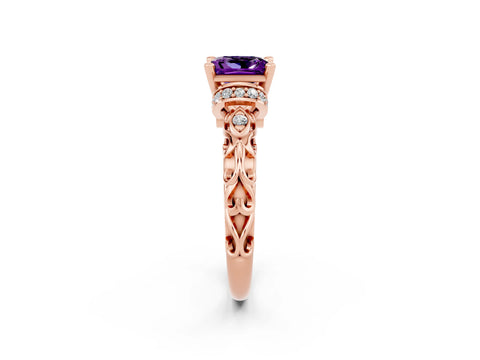 Rose gold Princess Cut Amethyst Solitaire Ring with Filigree Band and Four-Prong Setting_26
