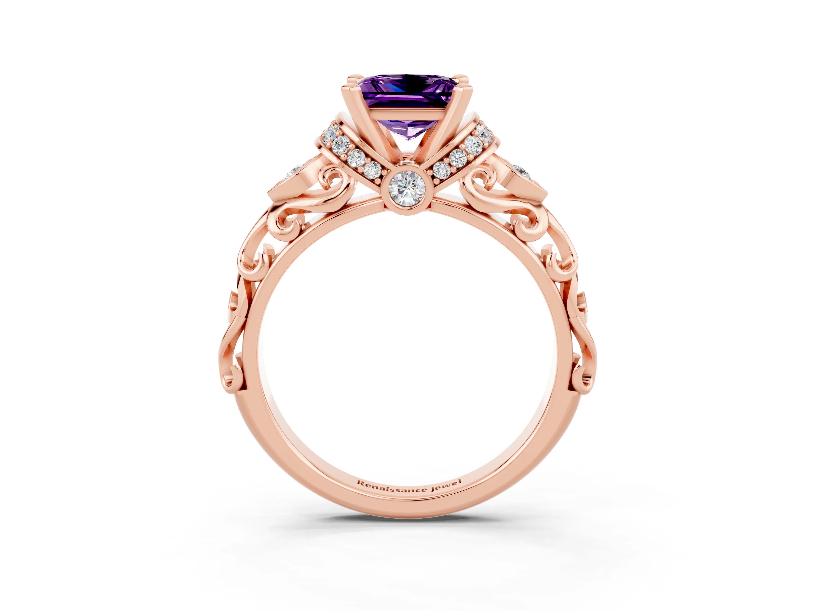 Rose gold Princess Cut Amethyst Solitaire Ring with Filigree Band and Four-Prong Setting_27
