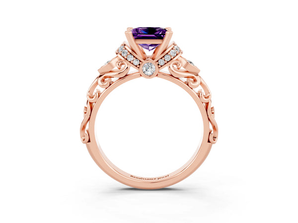 Rose gold Princess Cut Amethyst Solitaire Ring with Filigree Band and Four-Prong Setting