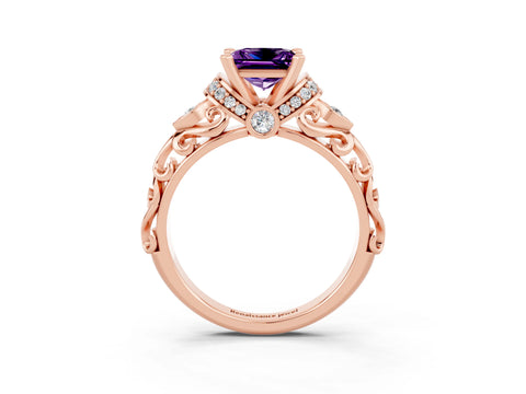 Rose gold Princess Cut Amethyst Solitaire Ring with Filigree Band and Four-Prong Setting_27