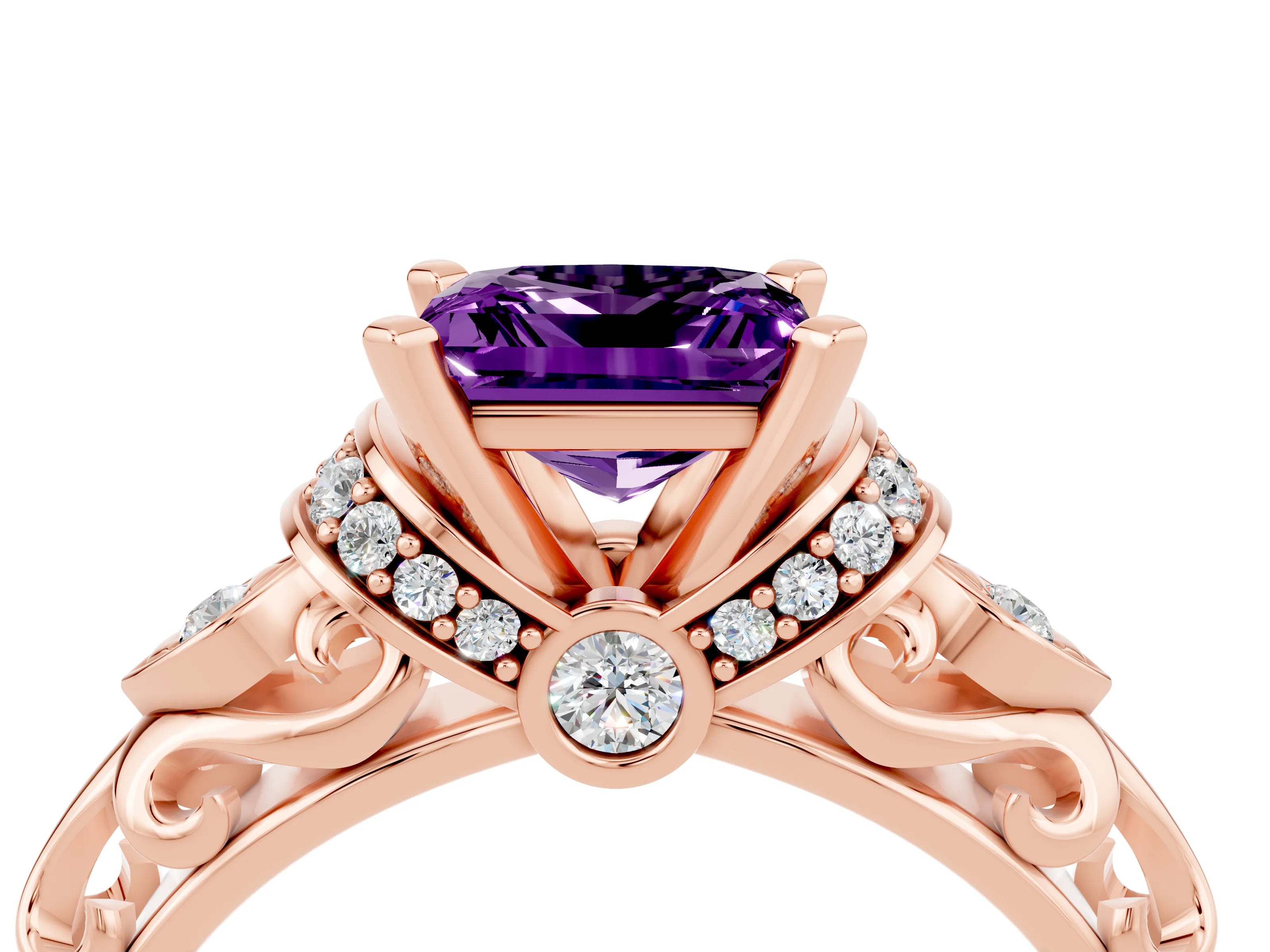 Rose gold Princess Cut Amethyst Solitaire Ring with Filigree Band and Four-Prong Setting_28