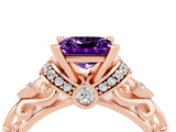 Rose gold Princess Cut Amethyst Solitaire Ring with Filigree Band and Four-Prong Setting_28