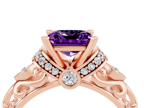 Rose gold Princess Cut Amethyst Solitaire Ring with Filigree Band and Four-Prong Setting_28