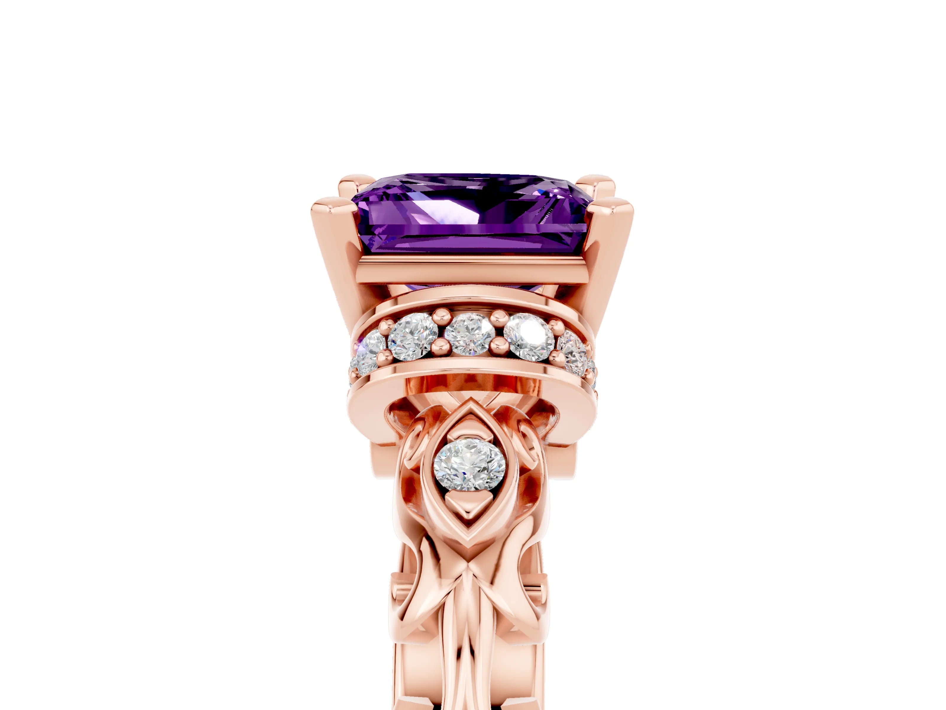 Rose gold Princess Cut Amethyst Solitaire Ring with Filigree Band and Four-Prong Setting_29