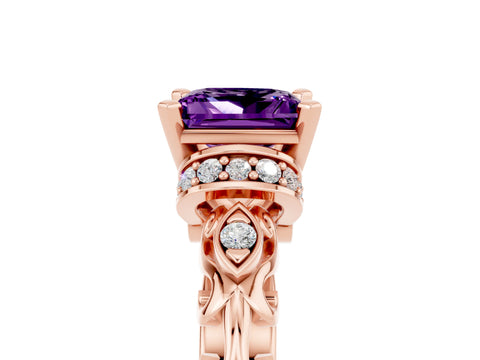 Rose gold Princess Cut Amethyst Solitaire Ring with Filigree Band and Four-Prong Setting_29