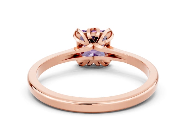 Rose gold Princess Cut Amethyst Solitaire Ring with Flower Prong Setting and Classic Band