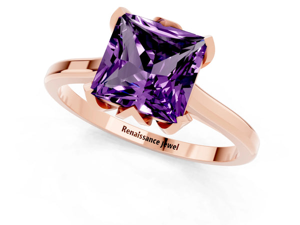 Rose gold Princess Cut Amethyst Solitaire Ring with Flower Prong Setting and Classic Band