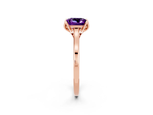 Rose gold Princess Cut Amethyst Solitaire Ring with Flower Prong Setting and Classic Band