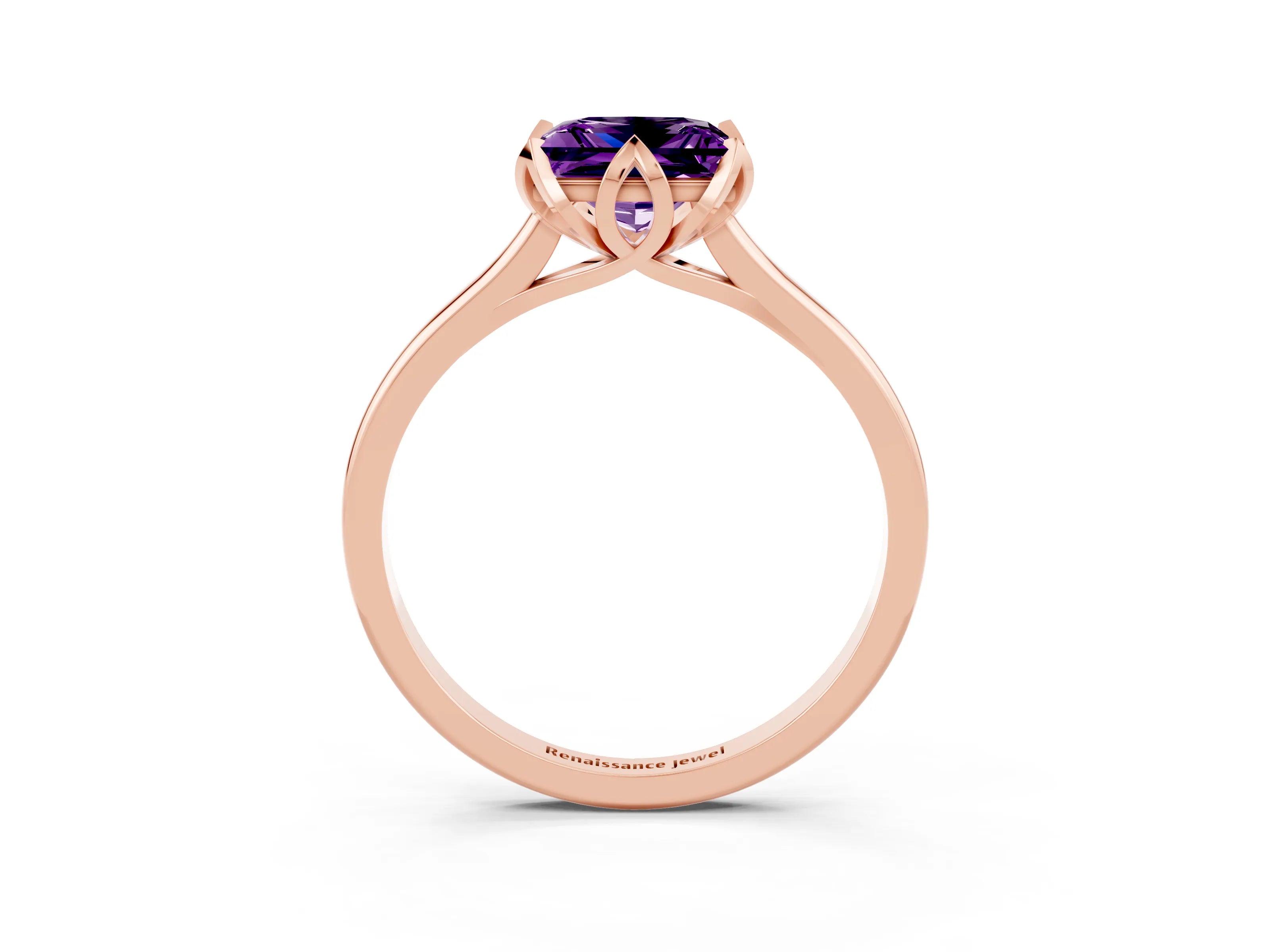 Rose gold Princess Cut Amethyst Solitaire Ring with Flower Prong Setting and Classic Band_39