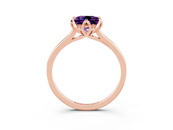 Rose gold Princess Cut Amethyst Solitaire Ring with Flower Prong Setting and Classic Band
