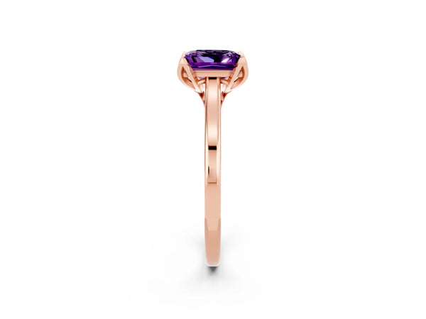 Rose Gold Princess Cut Amethyst Floral Solitaire Engagement Ring with Plain Band