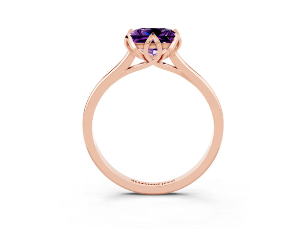 Rose Gold Princess Cut Amethyst Floral Solitaire Engagement Ring with Plain Band