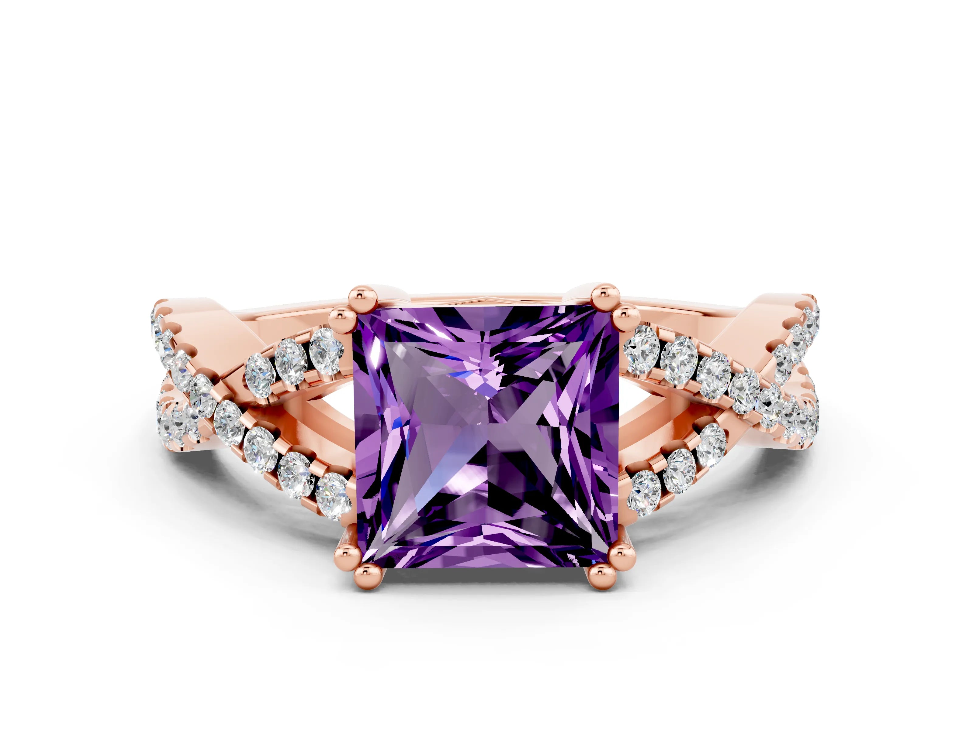 Rose gold Princess Cut Amethyst Solitaire Ring with Four-Prong Setting and Twisted Pavé Band