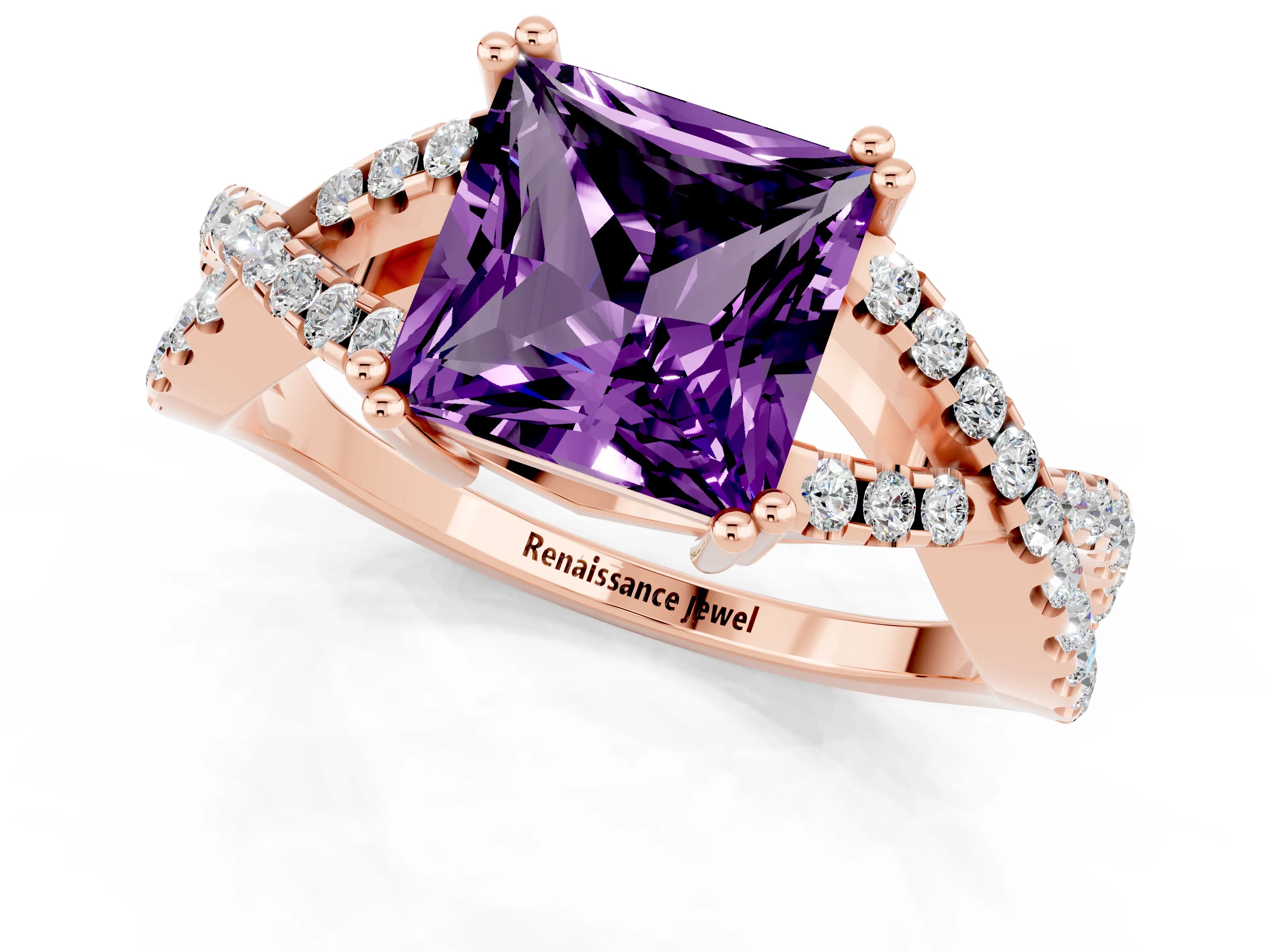 Rose gold Princess Cut Amethyst Solitaire Ring with Four-Prong Setting and Twisted Pavé Band_1