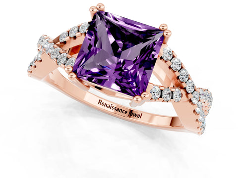 Rose gold Princess Cut Amethyst Solitaire Ring with Four-Prong Setting and Twisted Pavé Band_1