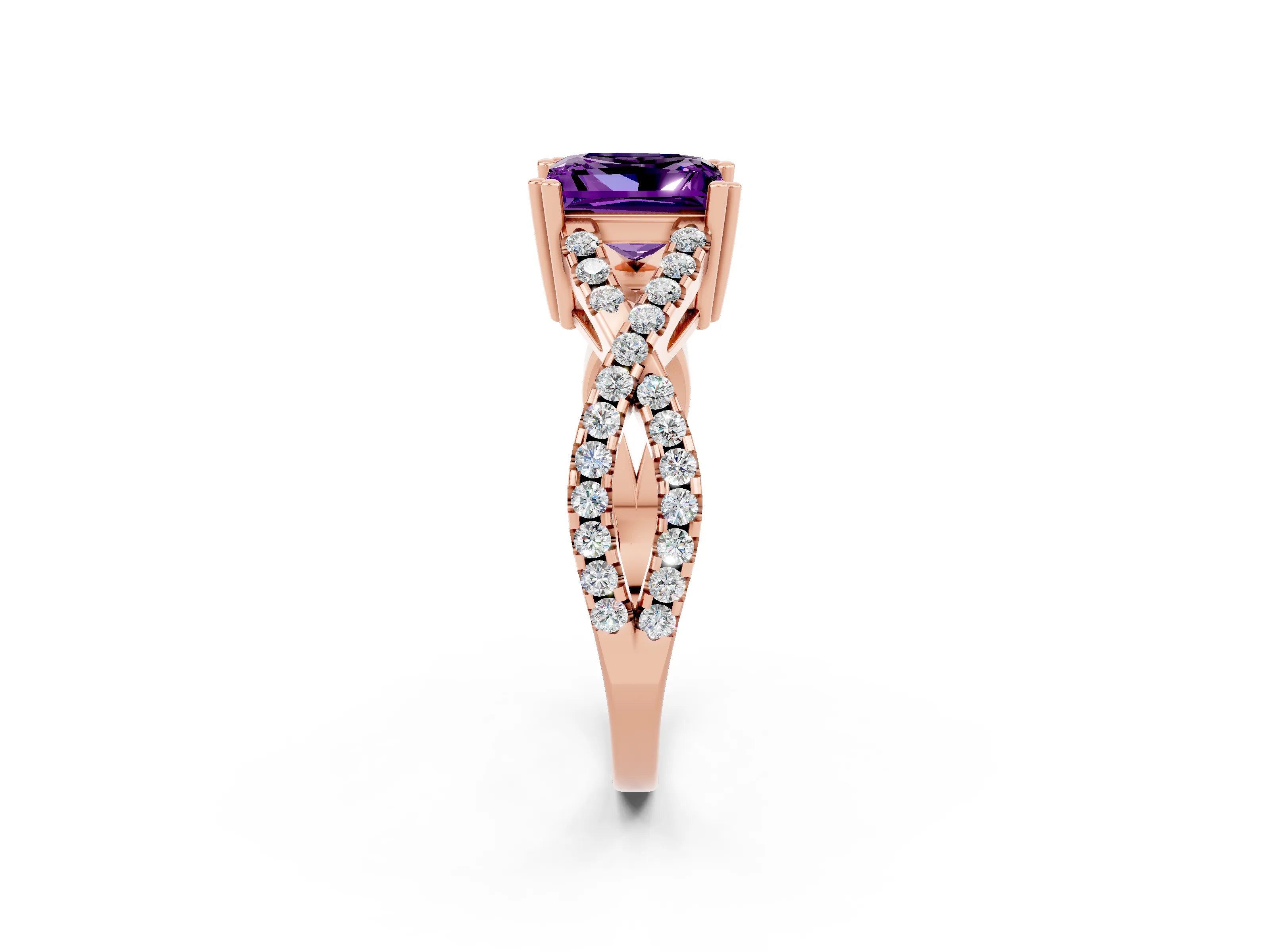 Rose gold Princess Cut Amethyst Solitaire Ring with Four-Prong Setting and Twisted Pavé Band_2