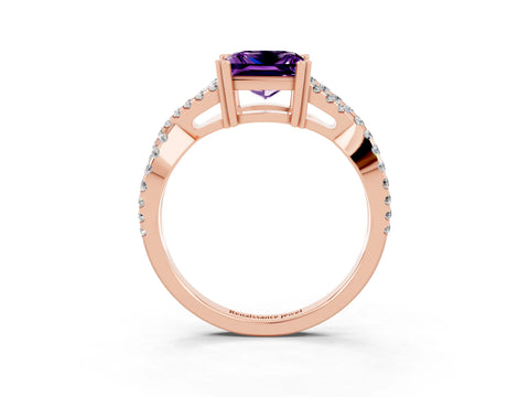 Rose gold Princess Cut Amethyst Solitaire Ring with Four-Prong Setting and Twisted Pavé Band_3