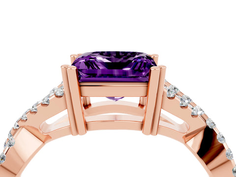 Rose gold Princess Cut Amethyst Solitaire Ring with Four-Prong Setting and Twisted Pavé Band_4