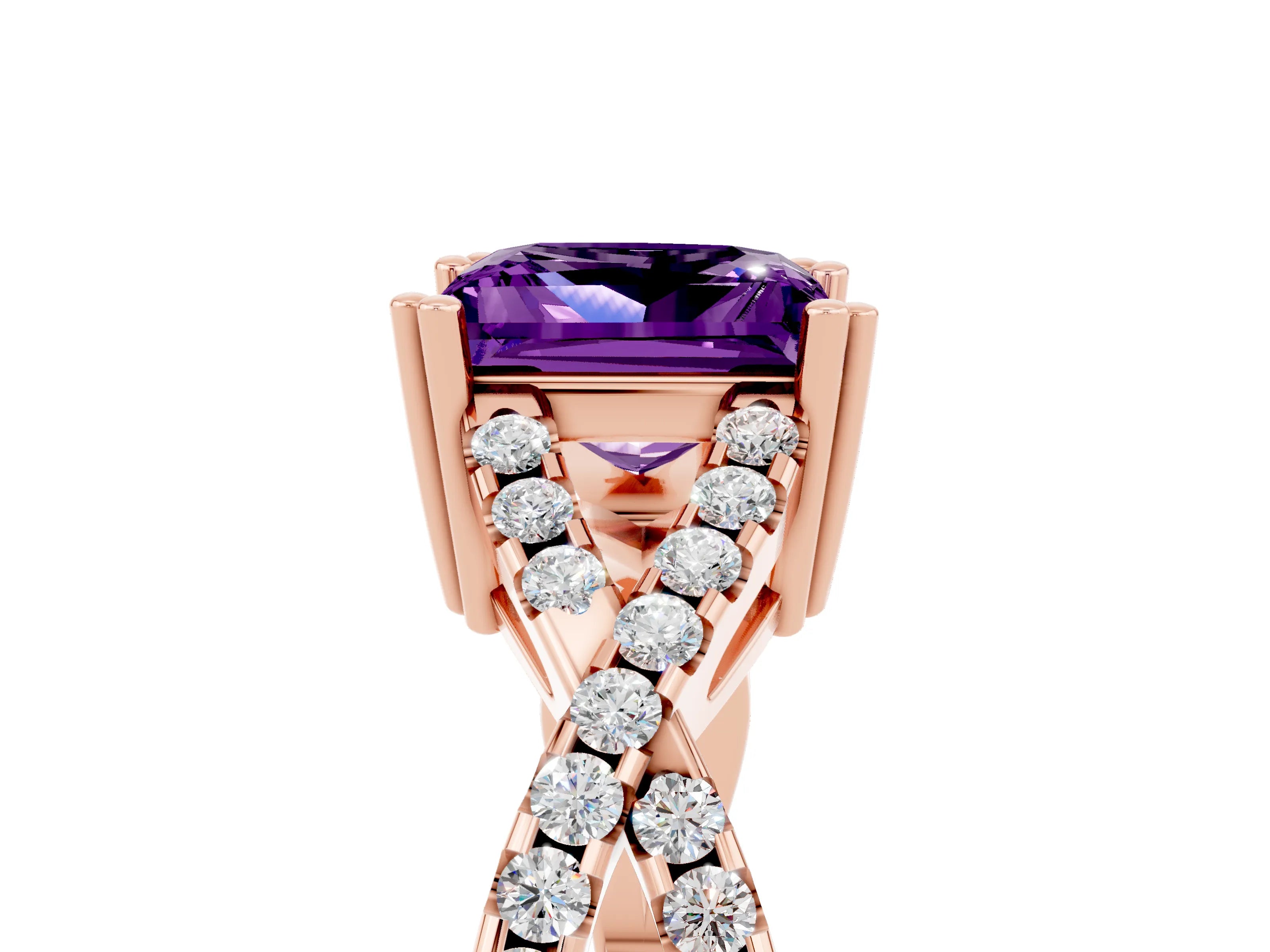 Rose gold Princess Cut Amethyst Solitaire Ring with Four-Prong Setting and Twisted Pavé Band_5