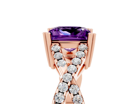 Rose gold Princess Cut Amethyst Solitaire Ring with Four-Prong Setting and Twisted Pavé Band_5