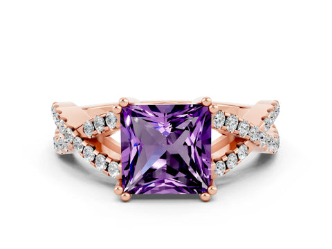 Rose gold Princess Cut Amethyst Solitaire Ring with Four-Prong Setting and Twisted Pavé Band