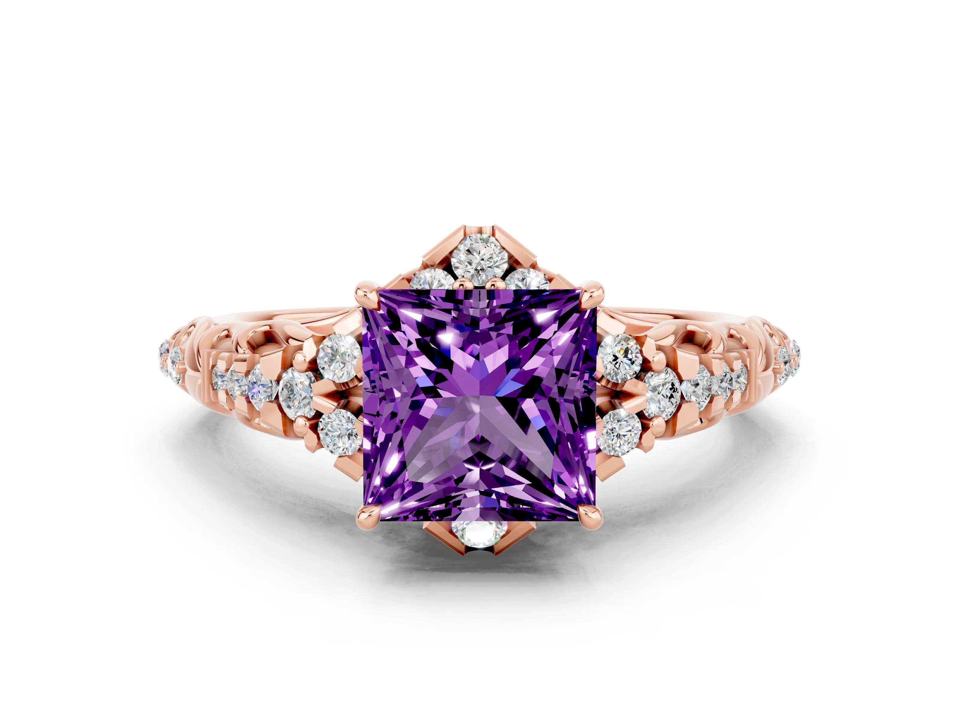 Rose gold Princess Cut Amethyst Solitaire Ring with Hidden Halo and Pavé Band_12