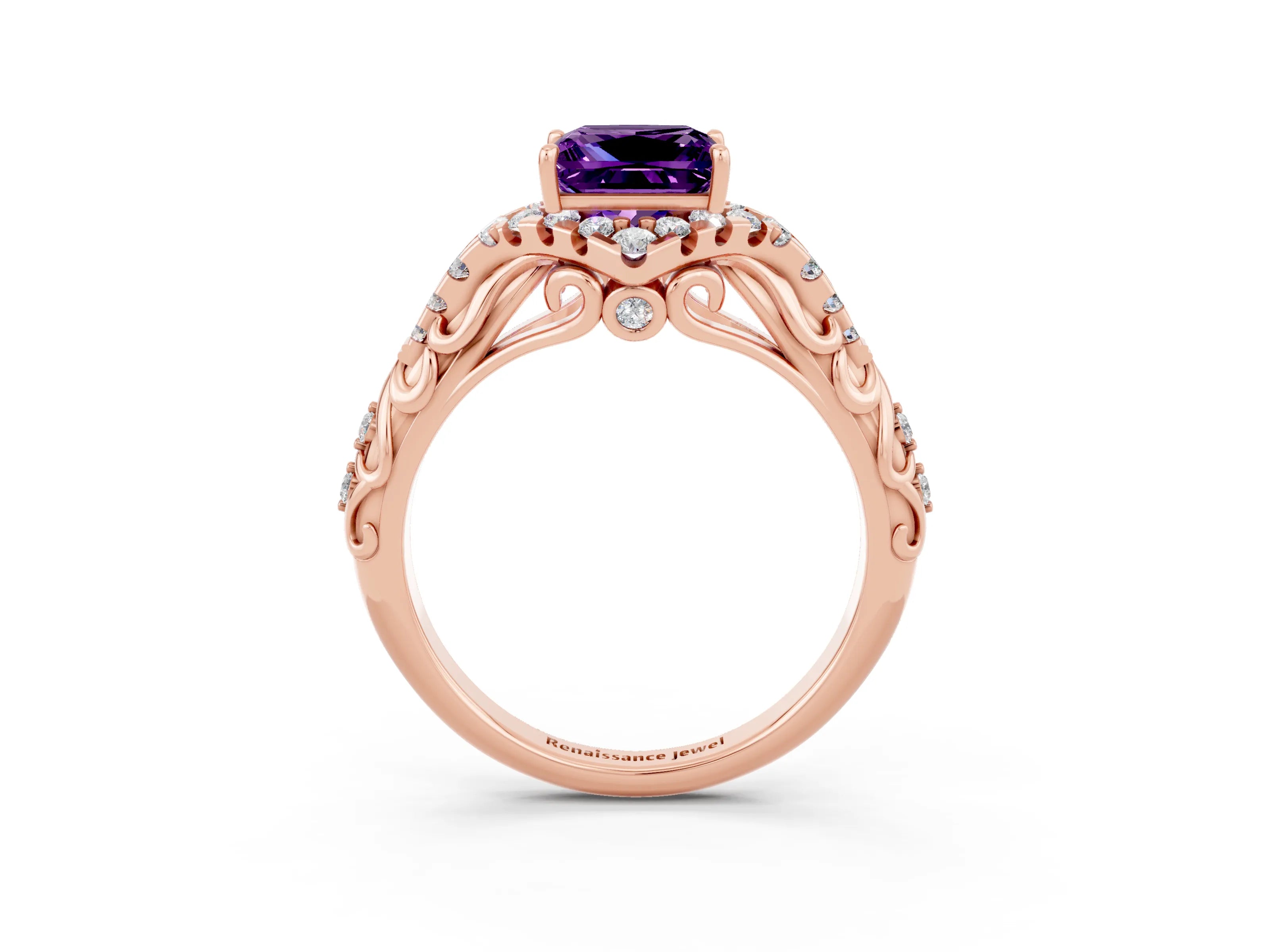 Rose gold Princess Cut Amethyst Solitaire Ring with Hidden Halo and Pavé Band_15