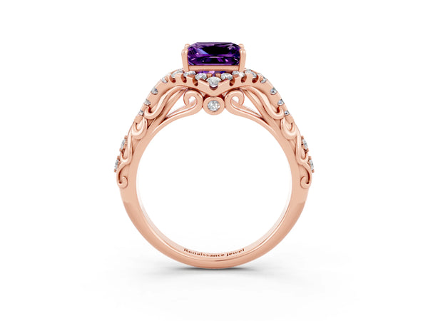 Rose Gold Princess Cut Amethyst Hidden Halo Engagement Ring with Filigree Gallery
