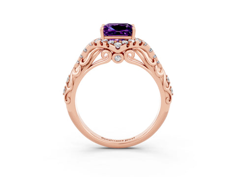 Rose gold Princess Cut Amethyst Solitaire Ring with Hidden Halo and Pavé Band_15