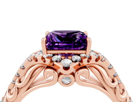 Rose gold Princess Cut Amethyst Solitaire Ring with Hidden Halo and Pavé Band_16