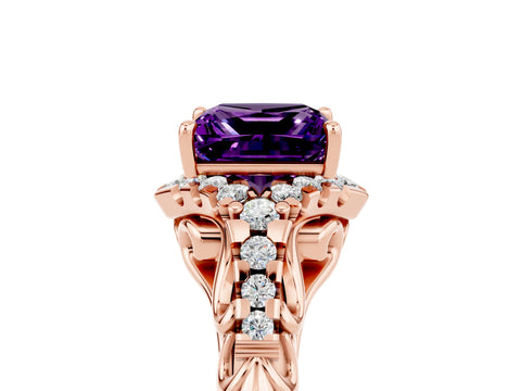 Rose gold Princess Cut Amethyst Solitaire Ring with Hidden Halo and Pavé Band_17