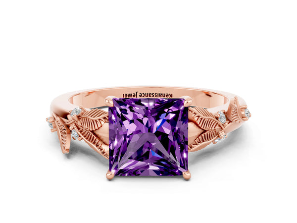 Rose gold Princess Cut Amethyst Solitaire Ring with Leaf Motif Band and Four-Prong Setting