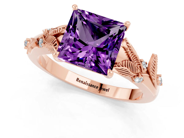 Rose gold Princess Cut Amethyst Solitaire Ring with Leaf Motif Band and Four-Prong Setting
