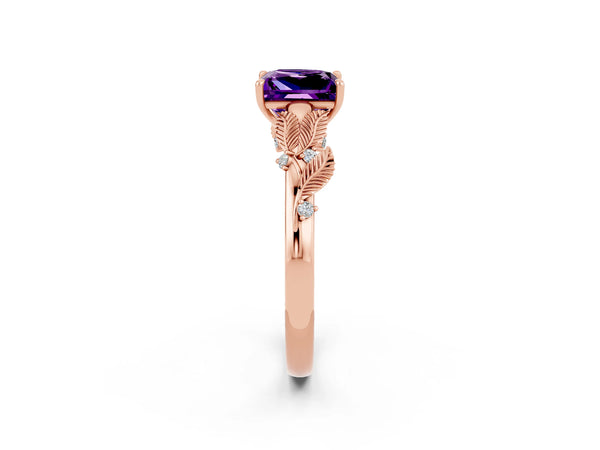 Rose gold Princess Cut Amethyst Solitaire Ring with Leaf Motif Band and Four-Prong Setting