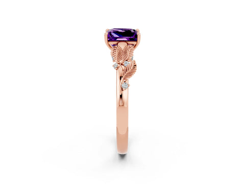 Rose gold Princess Cut Amethyst Solitaire Ring with Leaf Motif Band and Four-Prong Setting_2