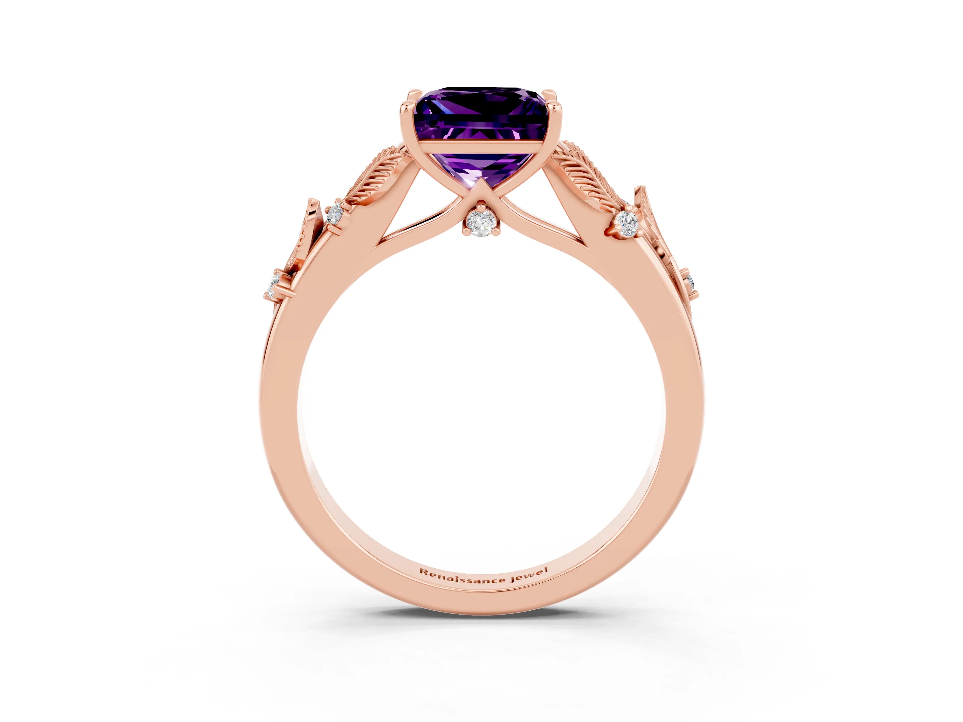 Rose gold Princess Cut Amethyst Solitaire Ring with Leaf Motif Band and Four-Prong Setting_3