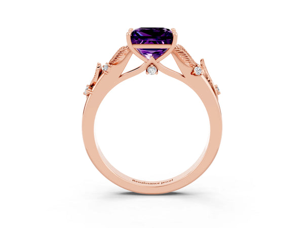 Rose gold Princess Cut Amethyst Solitaire Ring with Leaf Motif Band and Four-Prong Setting