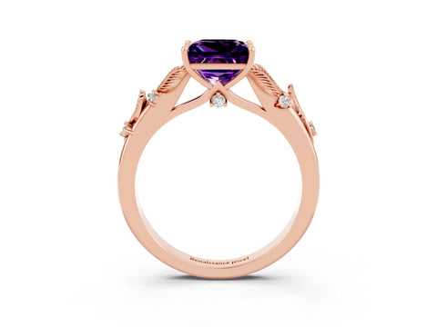 Rose gold Princess Cut Amethyst Solitaire Ring with Leaf Motif Band and Four-Prong Setting_3