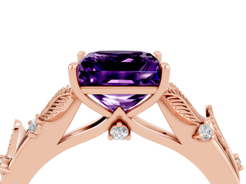 Rose gold Princess Cut Amethyst Solitaire Ring with Leaf Motif Band and Four-Prong Setting_4