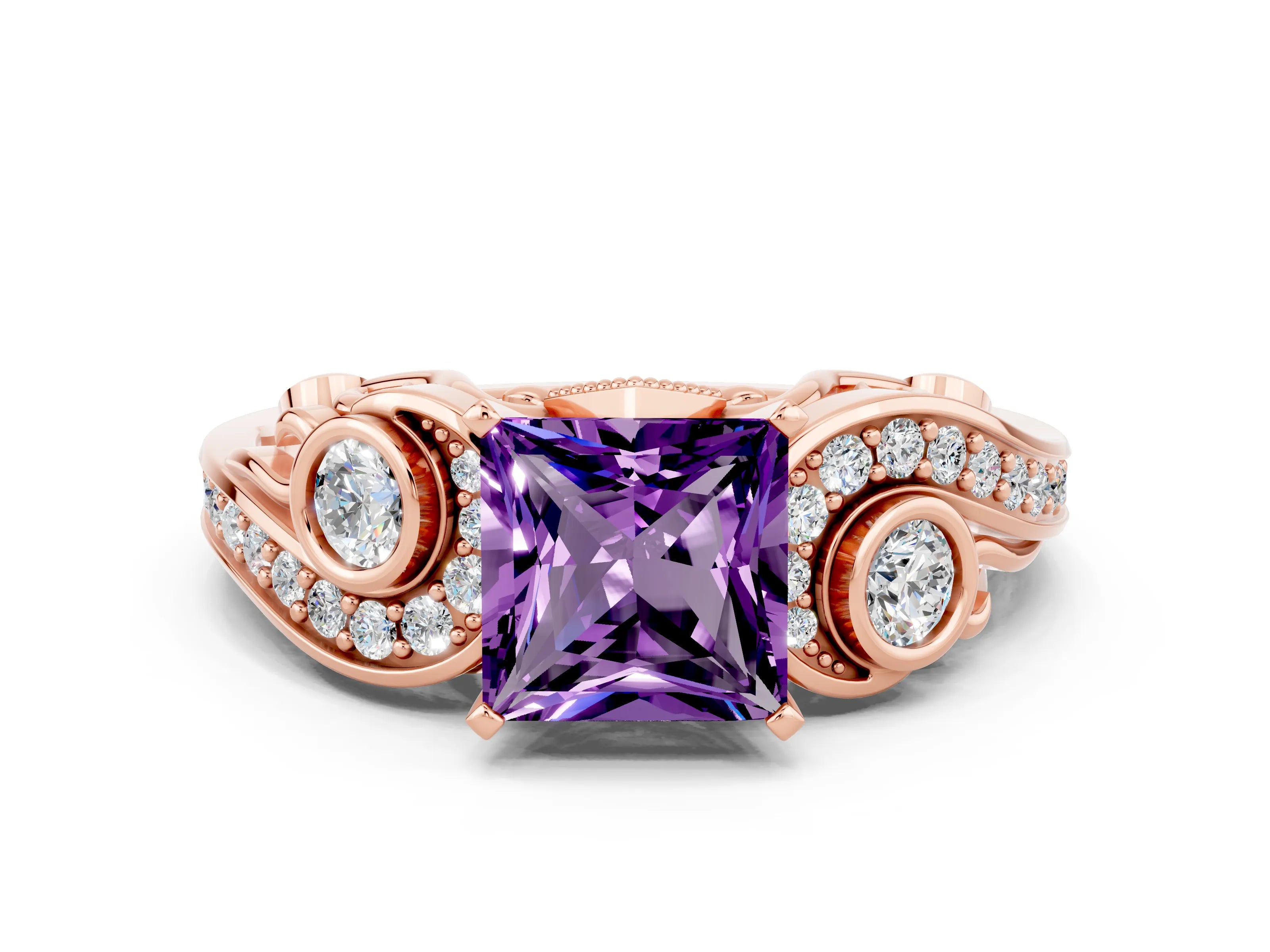 Rose gold Princess Cut Amethyst Solitaire Ring with Milgrain Pavé Band and Four-Prong Setting_24