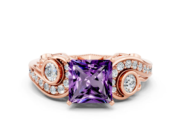 Rose gold Princess Cut Amethyst Solitaire Ring with Milgrain Pavé Band and Four-Prong Setting