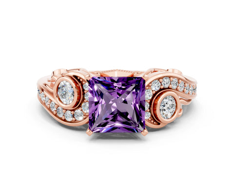 Rose gold Princess Cut Amethyst Solitaire Ring with Milgrain Pavé Band and Four-Prong Setting_24