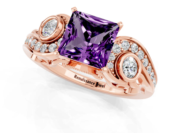 Rose gold Princess Cut Amethyst Solitaire Ring with Milgrain Pavé Band and Four-Prong Setting