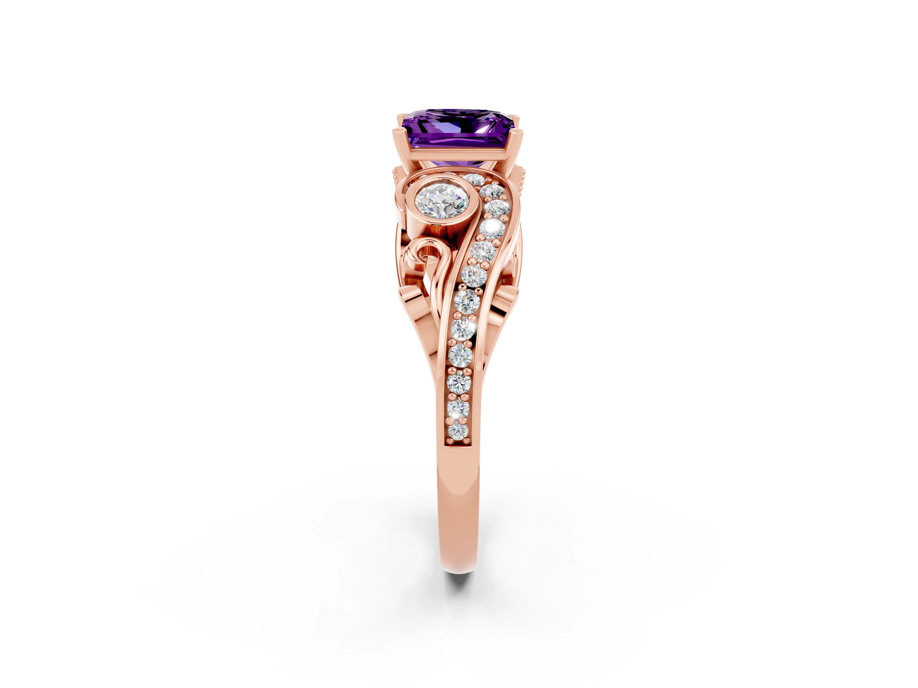Rose gold Princess Cut Amethyst Solitaire Ring with Milgrain Pavé Band and Four-Prong Setting_26
