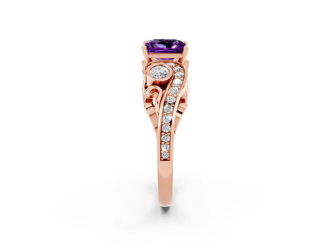 Rose gold Princess Cut Amethyst Solitaire Ring with Milgrain Pavé Band and Four-Prong Setting_26