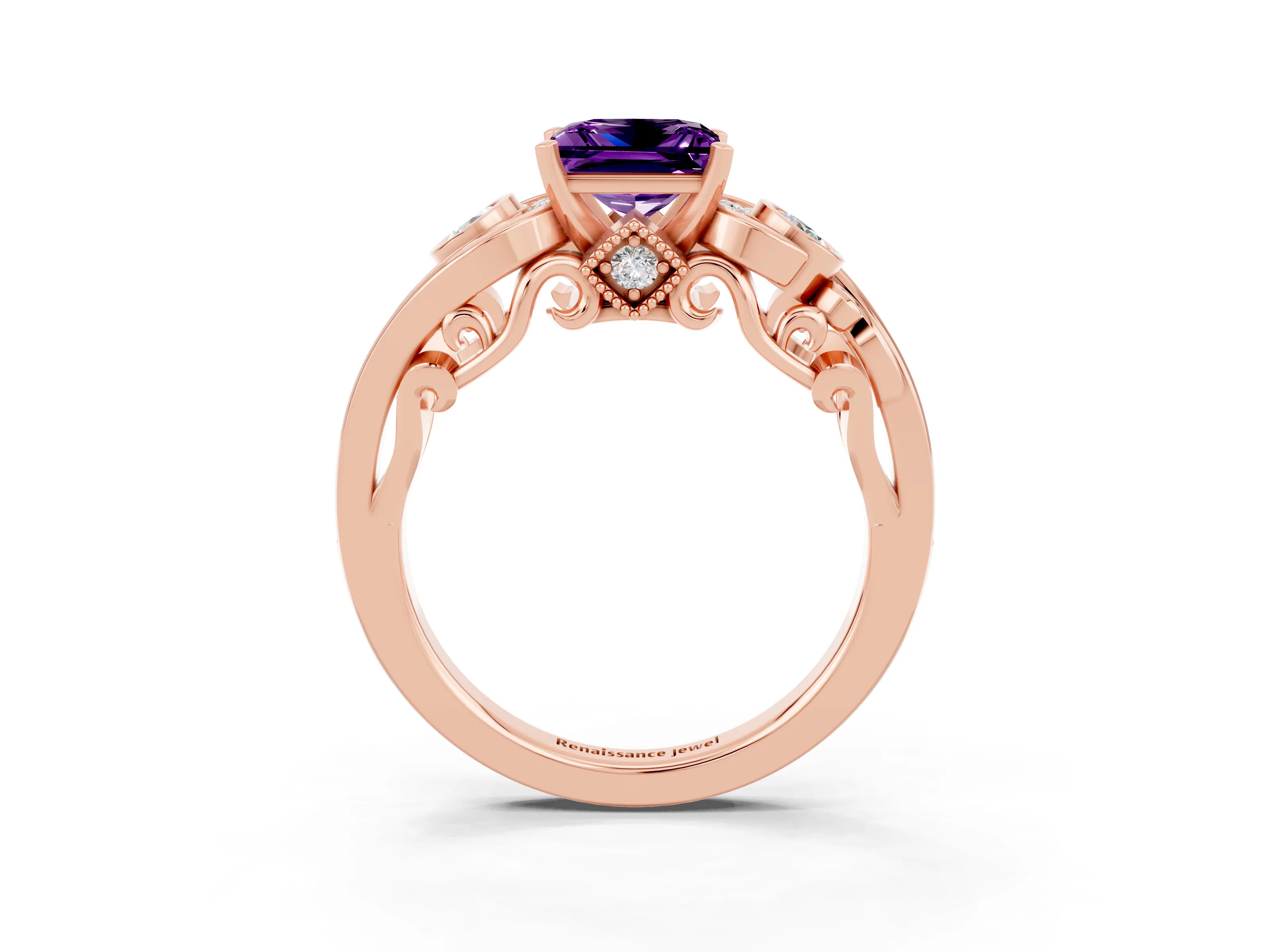Rose gold Princess Cut Amethyst Solitaire Ring with Milgrain Pavé Band and Four-Prong Setting_27