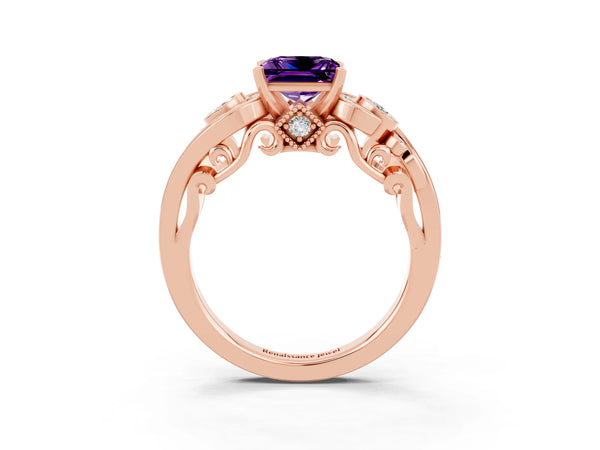 Rose gold Princess Cut Amethyst Solitaire Ring with Milgrain Pavé Band and Four-Prong Setting