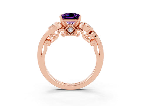 Rose gold Princess Cut Amethyst Solitaire Ring with Milgrain Pavé Band and Four-Prong Setting_27