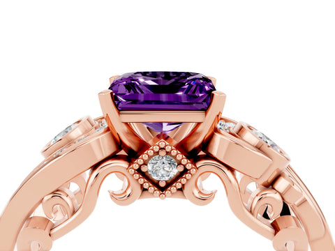 Rose gold Princess Cut Amethyst Solitaire Ring with Milgrain Pavé Band and Four-Prong Setting_28