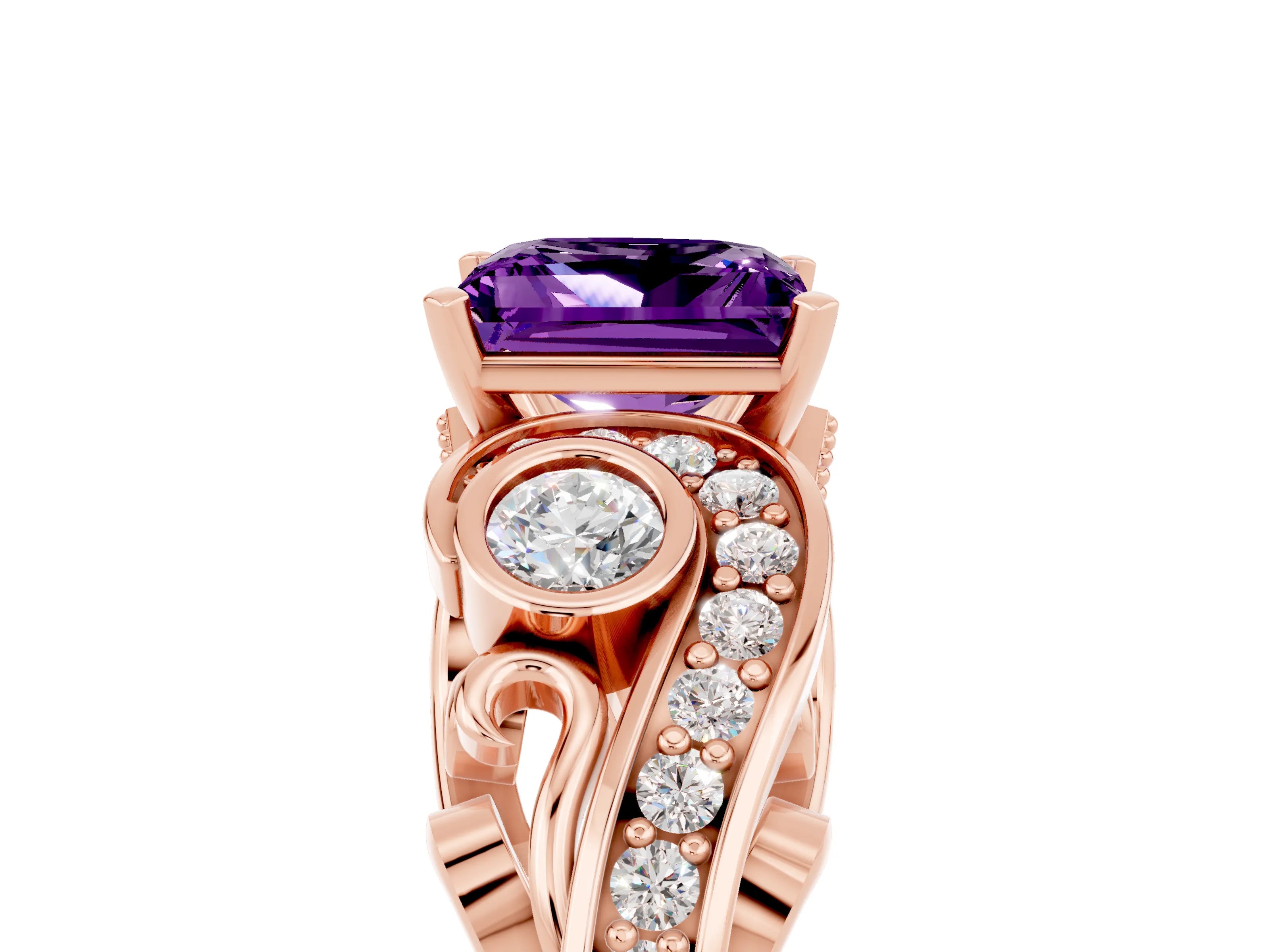 Rose gold Princess Cut Amethyst Solitaire Ring with Milgrain Pavé Band and Four-Prong Setting_29